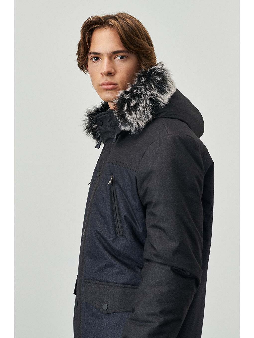 Erkek Antrasit-Lacivert Standart Fit Normal Kesim Kapüşonlu Desenli Kaban-2