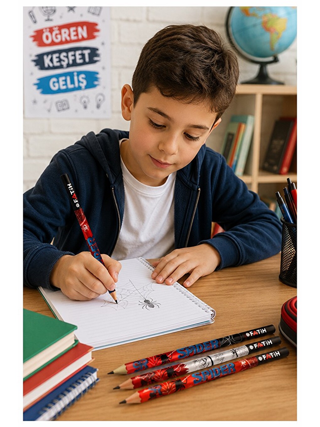 Örümcek Kurşun Kalem 12 Adet Yuvarlak Gövdeli Siyah Kurşun Kalem 2b Yumuşak Yazım Kolay Tutuş-2