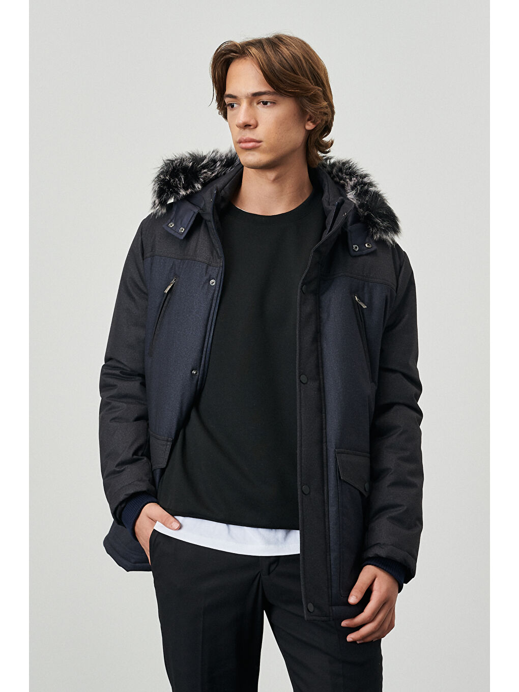 Erkek Antrasit-Lacivert Standart Fit Normal Kesim Kapüşonlu Desenli Kaban-3