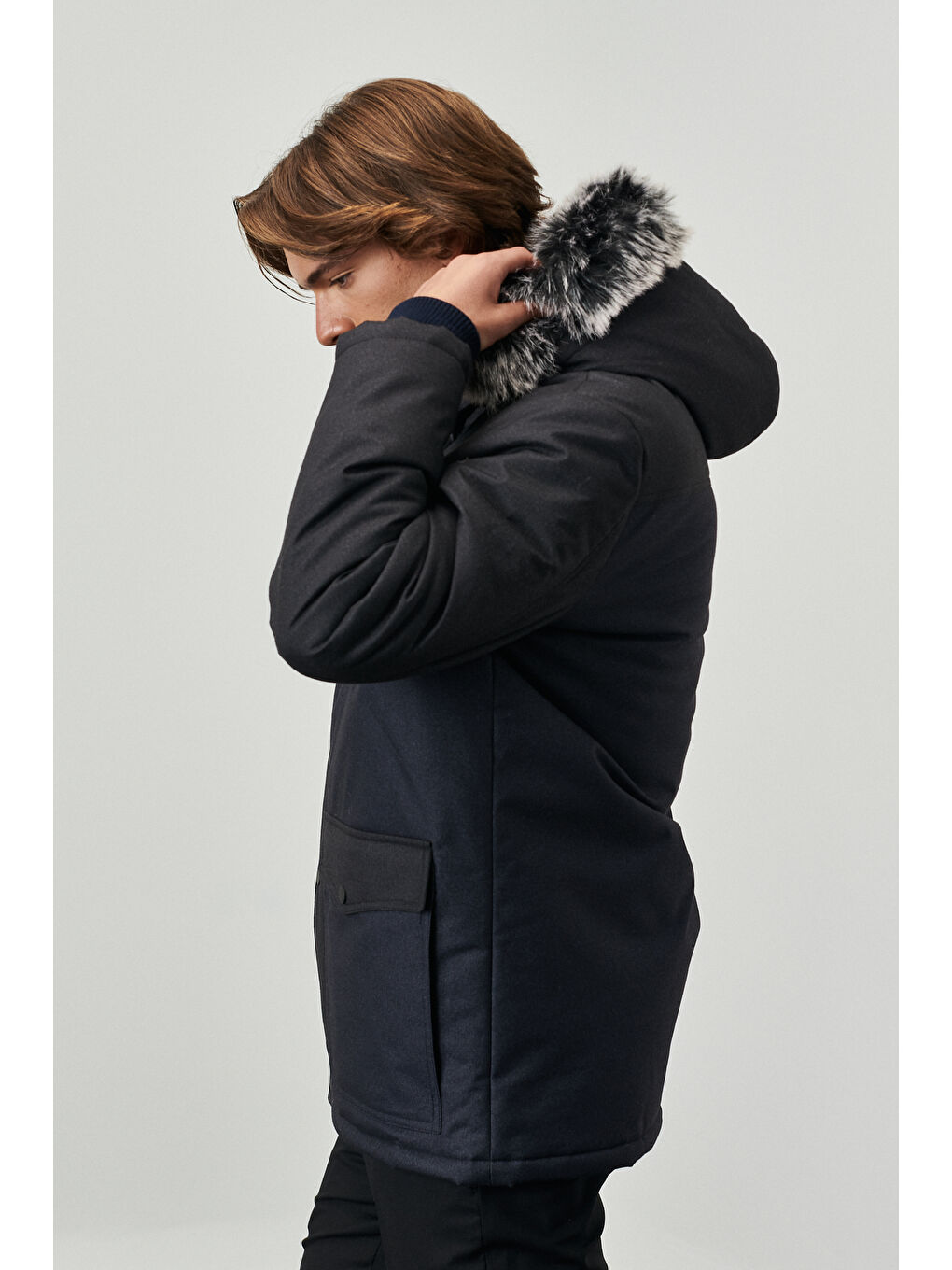 Erkek Antrasit-Lacivert Standart Fit Normal Kesim Kapüşonlu Desenli Kaban-4