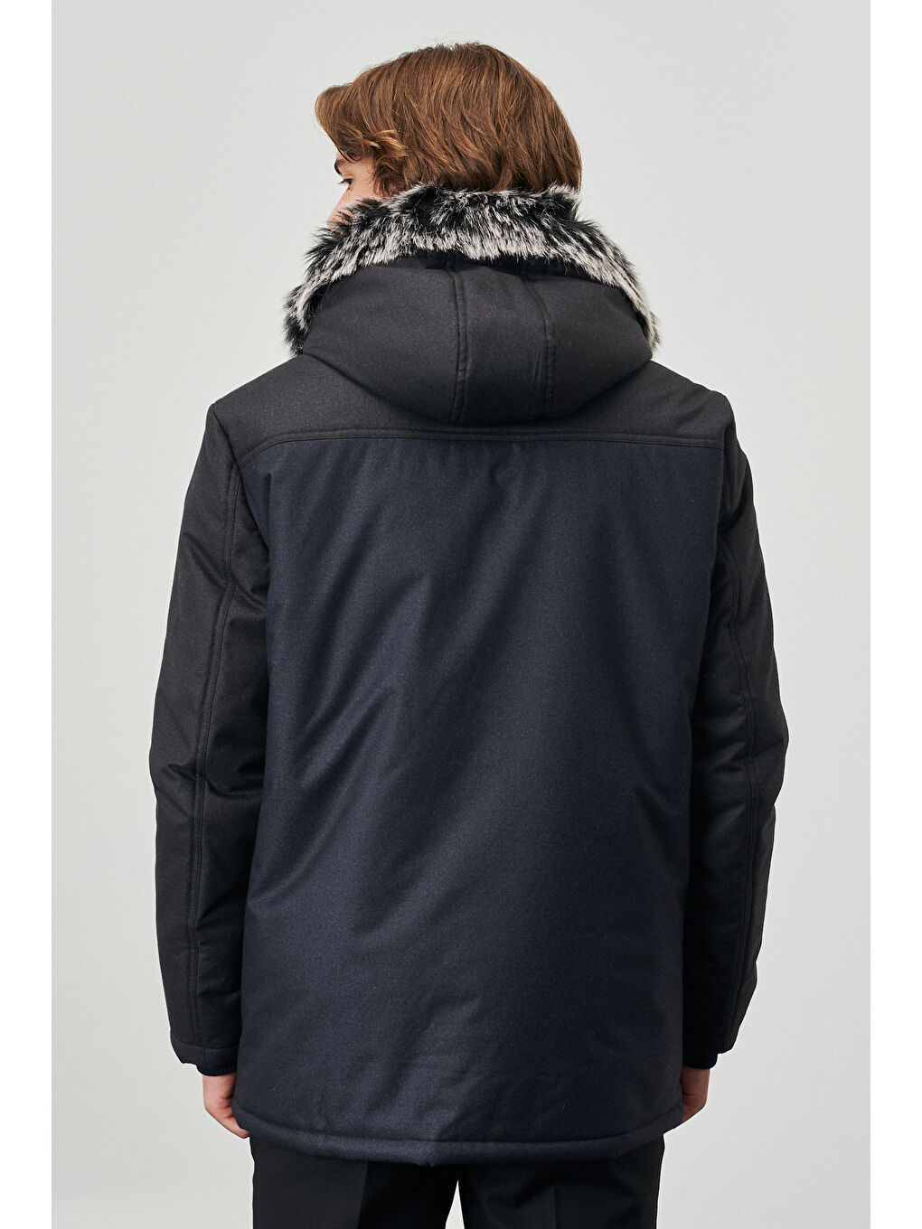 Erkek Antrasit-Lacivert Standart Fit Normal Kesim Kapüşonlu Desenli Kaban-5