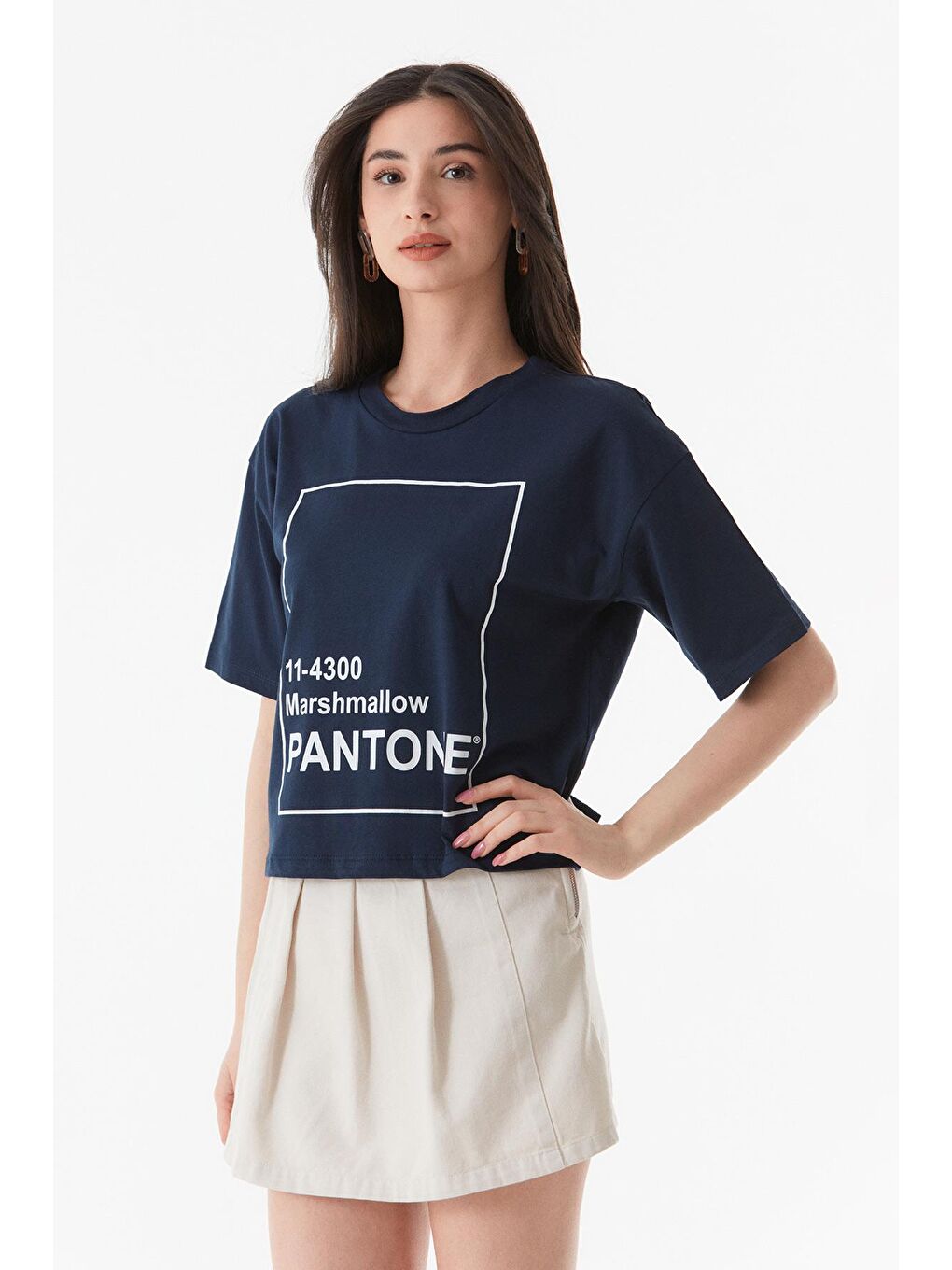 Lacivert Yazı Baskılı Bisiklet Yaka Oversize Tişört