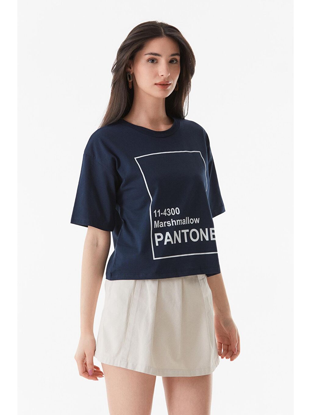 Lacivert Yazı Baskılı Bisiklet Yaka Oversize Tişört-1