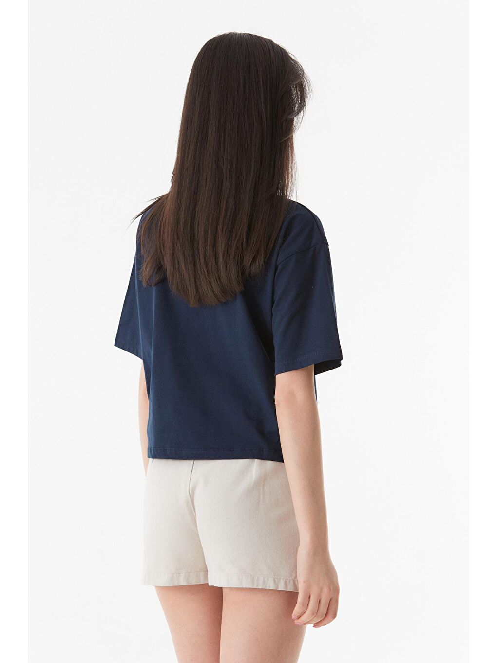 Lacivert Yazı Baskılı Bisiklet Yaka Oversize Tişört-3