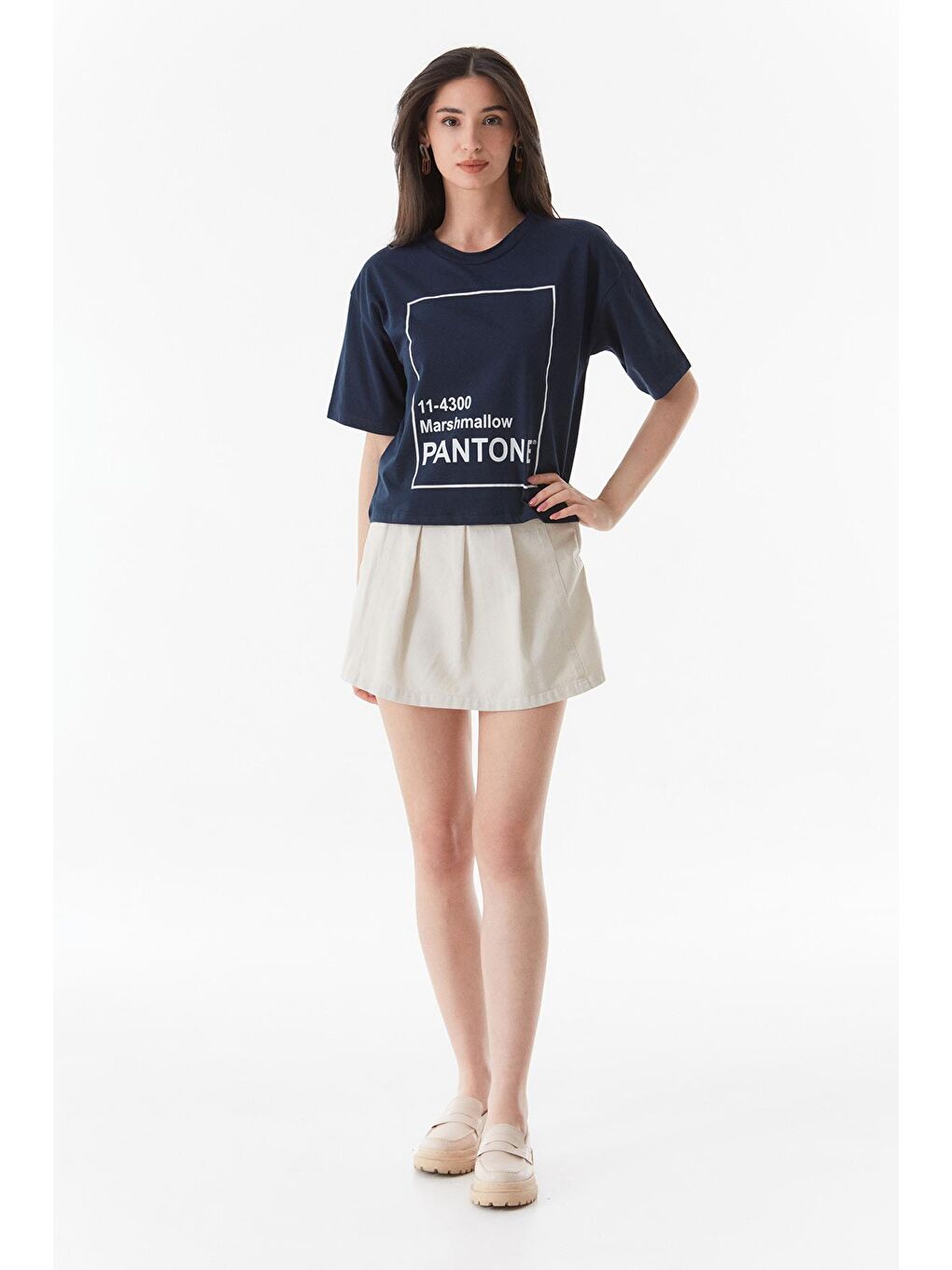 Lacivert Yazı Baskılı Bisiklet Yaka Oversize Tişört-4