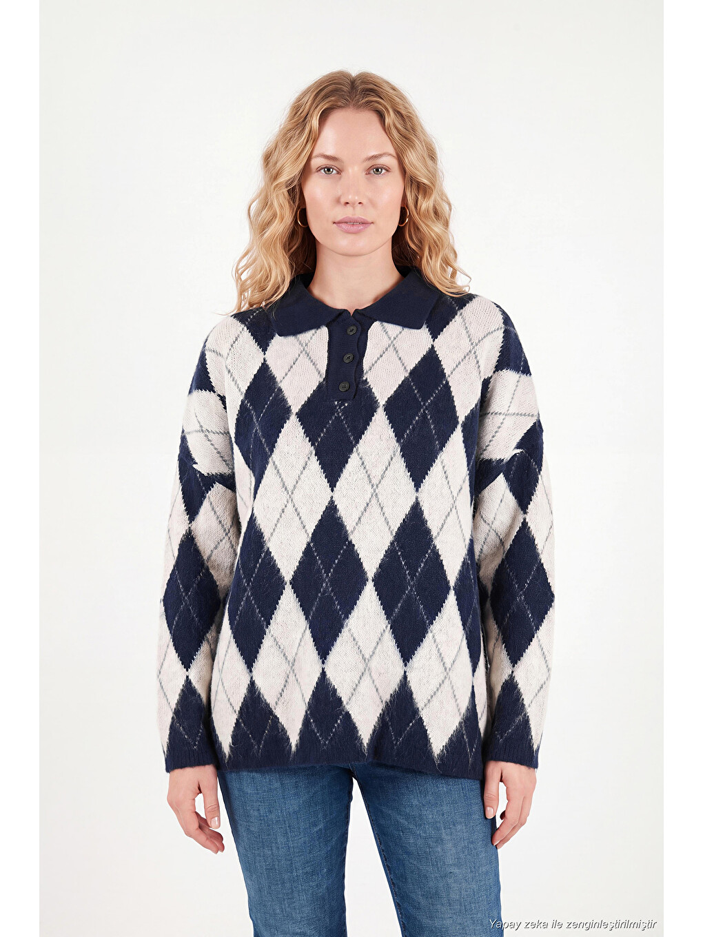 Siyah Oversize Baklava Desenli Düğmeli Polo Yaka Kadın Kazak 4615593-1