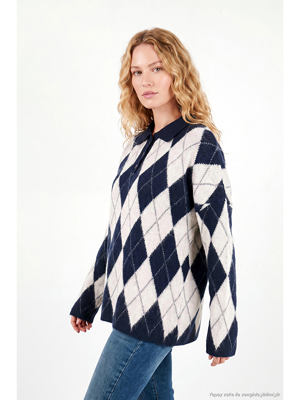 Siyah Oversize Baklava Desenli Düğmeli Polo Yaka Kadın Kazak 4615593-3