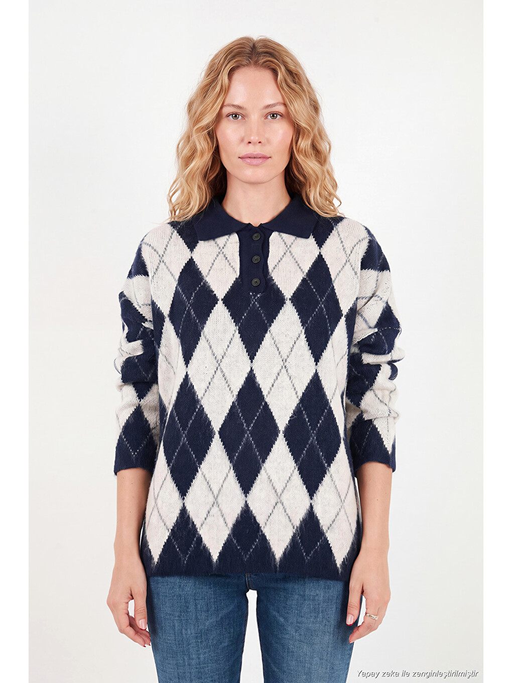 Siyah Oversize Baklava Desenli Düğmeli Polo Yaka Kadın Kazak 4615593-4
