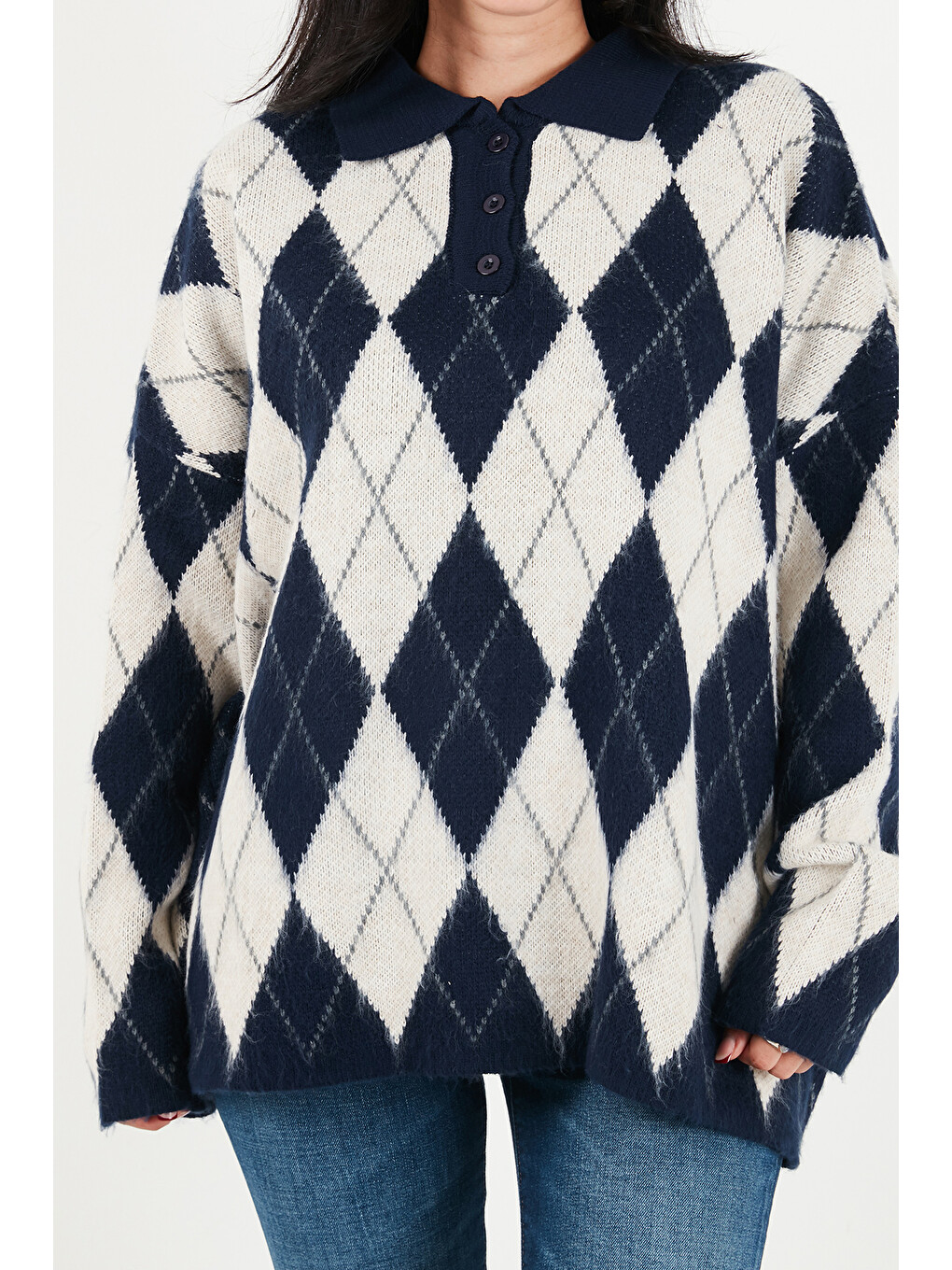 Siyah Oversize Baklava Desenli Düğmeli Polo Yaka Kadın Kazak 4615593-5