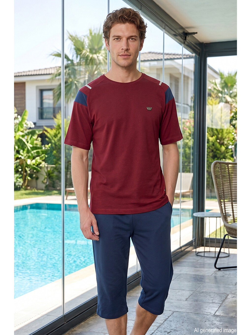 Erkek Kısa Kol Kaprili Süprem Kumaş Pijama Takımı 2374 Bordo01