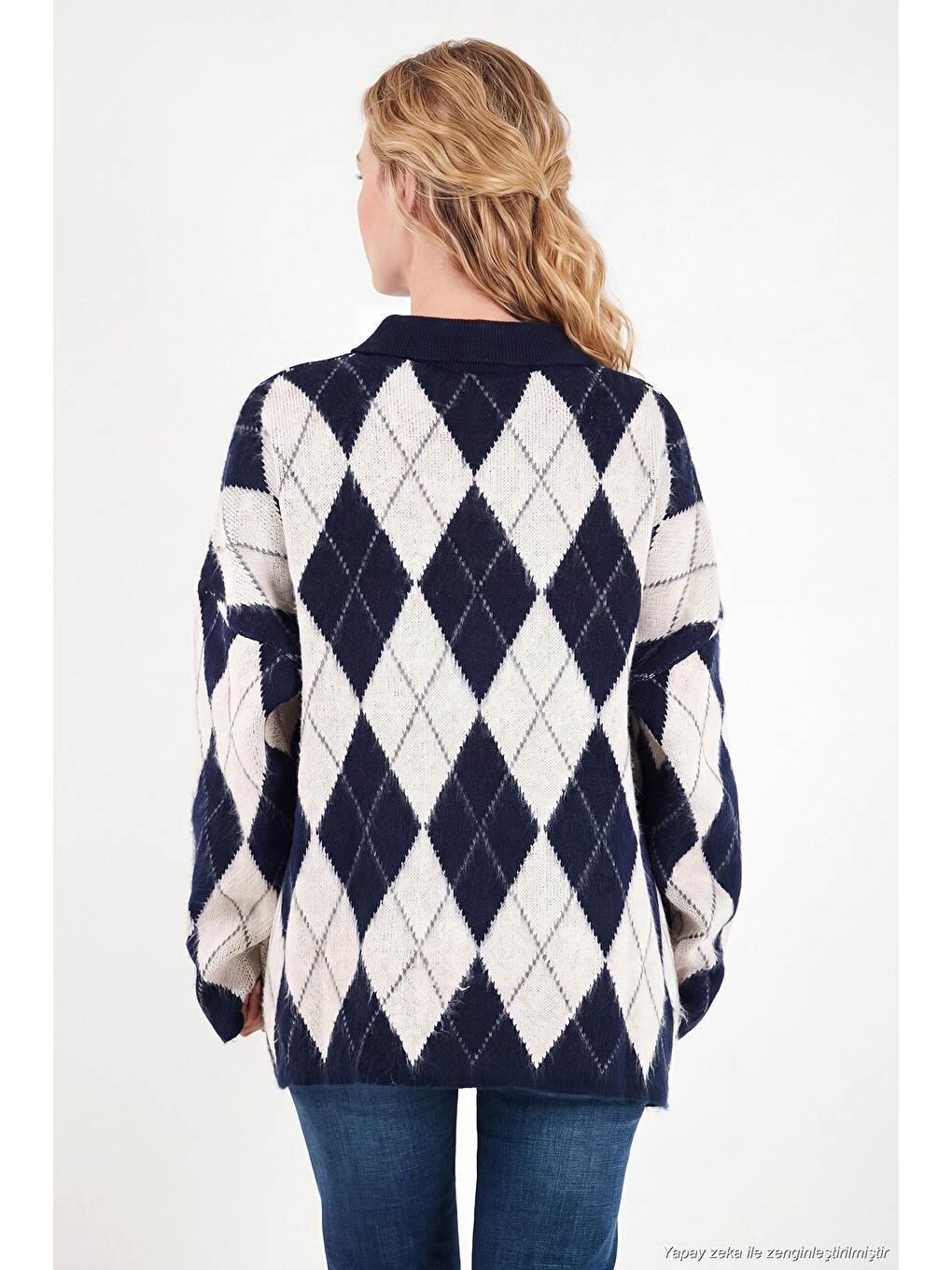 Siyah Oversize Baklava Desenli Düğmeli Polo Yaka Kadın Kazak 4615593-6
