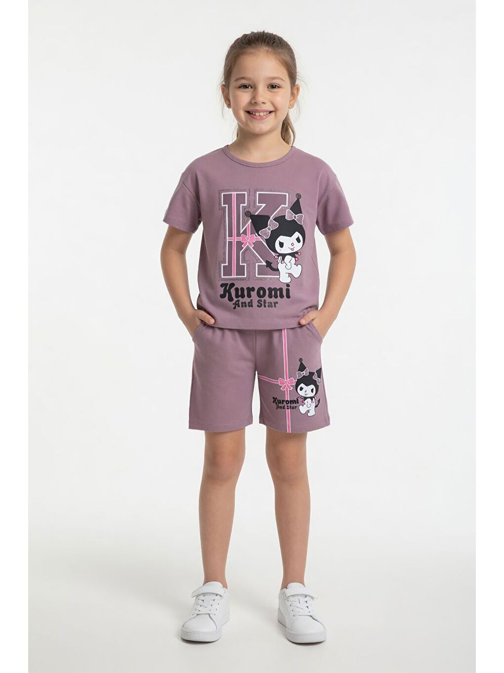 Pembe Gül Kurusu Sevimli Tavşan Baskı Bisiklet Yaka Kız Çocuk Şortlu Takım 23947