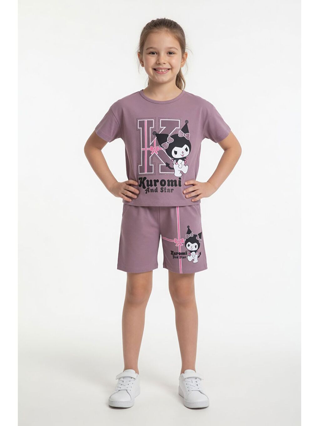 Pembe Gül Kurusu Sevimli Tavşan Baskı Bisiklet Yaka Kız Çocuk Şortlu Takım 23947-1