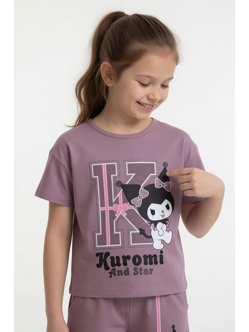 Pembe Gül Kurusu Sevimli Tavşan Baskı Bisiklet Yaka Kız Çocuk Şortlu Takım 23947-2