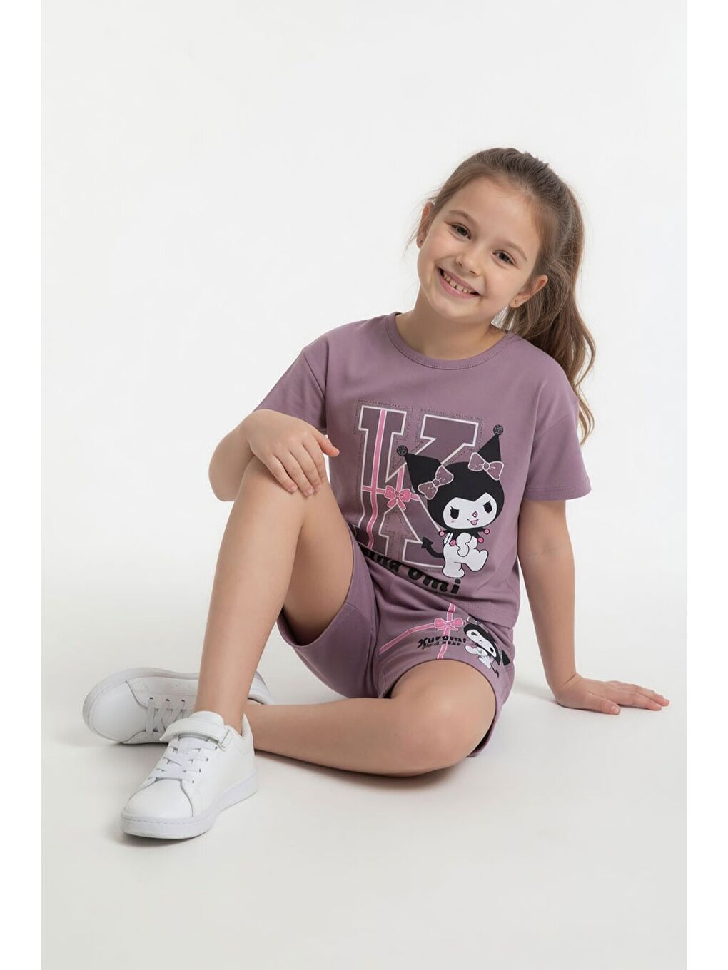 Pembe Gül Kurusu Sevimli Tavşan Baskı Bisiklet Yaka Kız Çocuk Şortlu Takım 23947-3