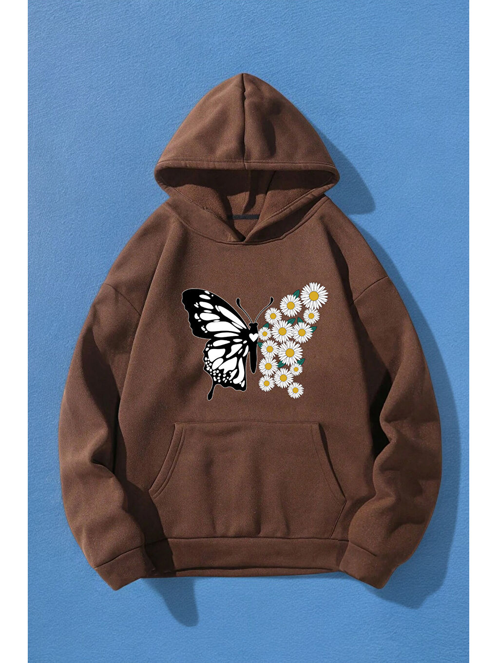 Kahverengi Papatya Kelebek Baskılı Oversize Sweatshirt