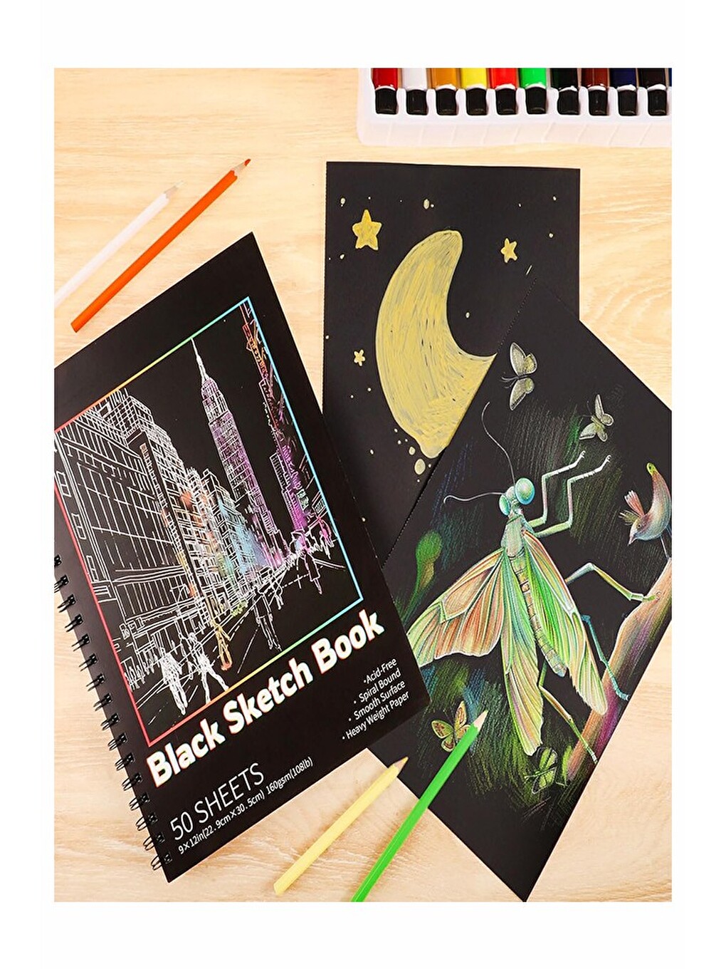 Telli Siyah Defter A5 40 Yaprak Eskiz Fotoğraf Albümü Simli Neon Kalem Simli Bant Sarı Beyaz Kurşun-3