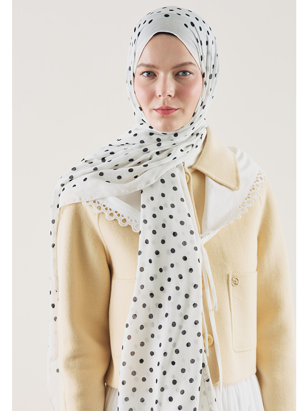 Small Polka Dots Desen Rami Şal Ekru-3