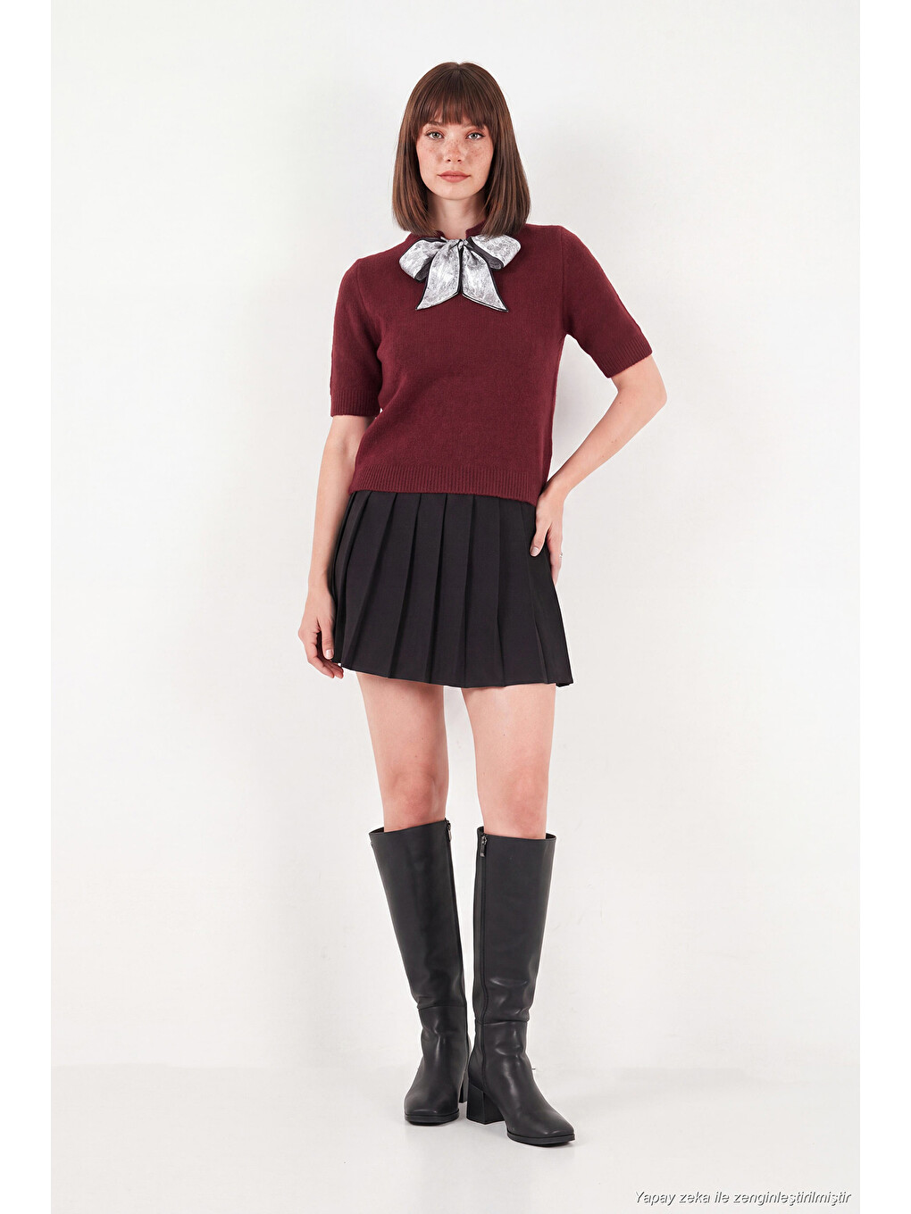 Bordo Yün Karışımlı Regular Fit Fularlı Yaka Kısa Kollu Triko Kazak 4617023-2