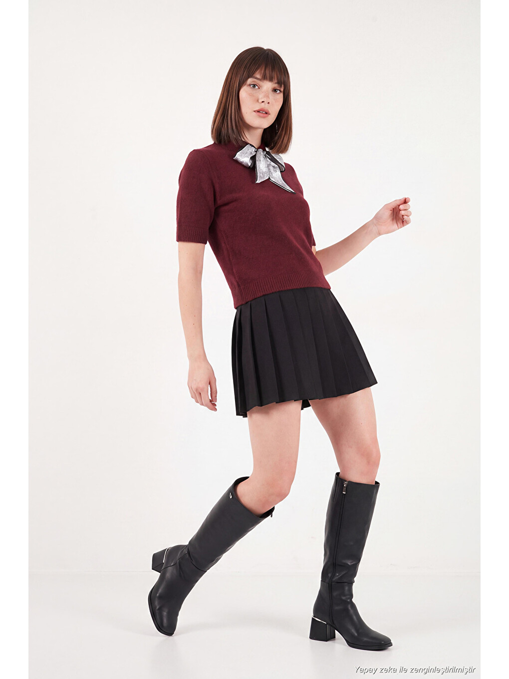 Bordo Yün Karışımlı Regular Fit Fularlı Yaka Kısa Kollu Triko Kazak 4617023-4