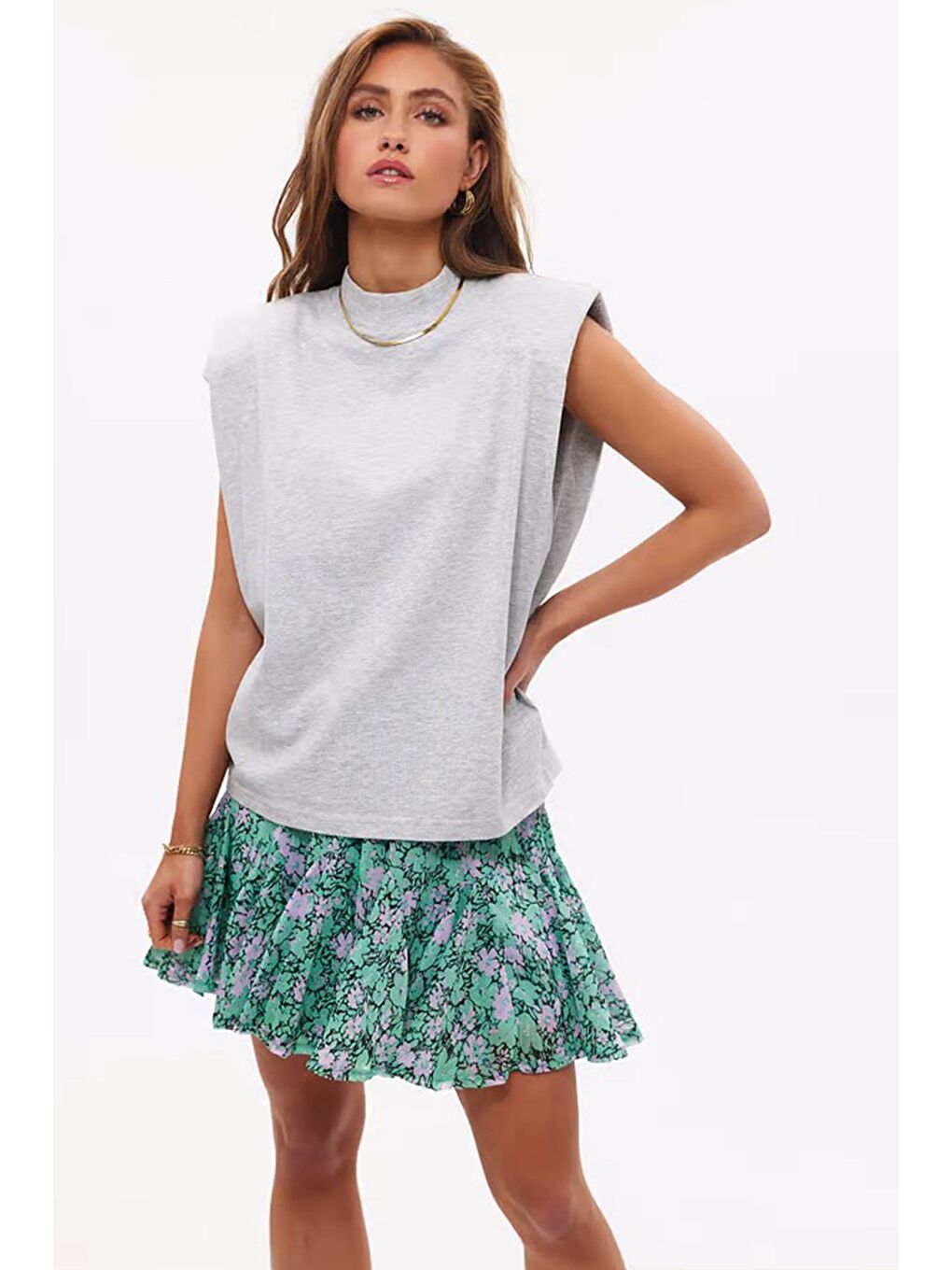 Gri Vatkalı Tişört Mg900-8