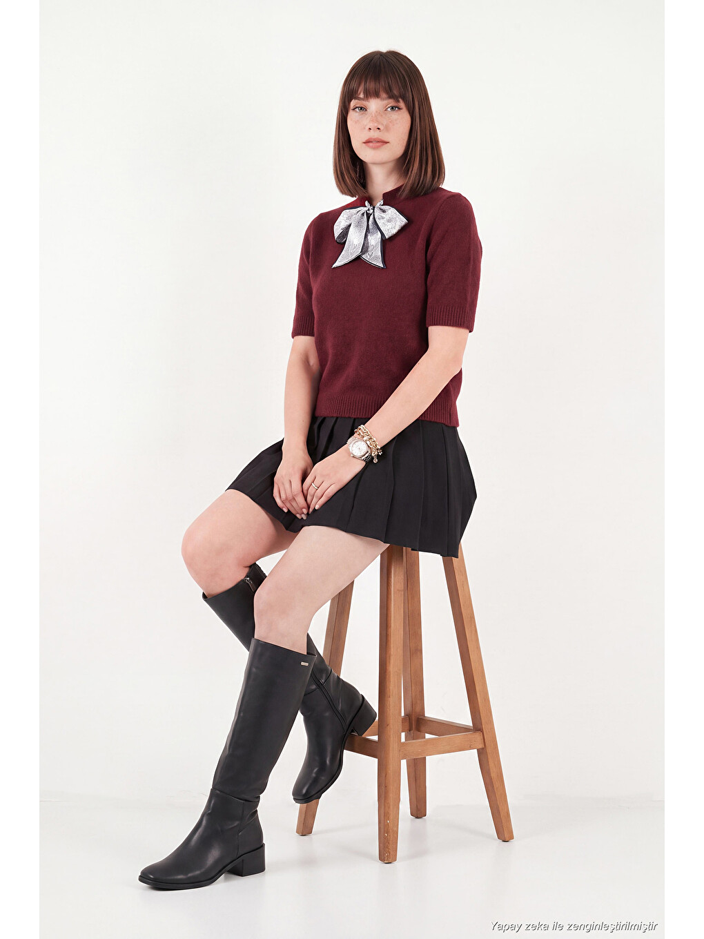 Bordo Yün Karışımlı Regular Fit Fularlı Yaka Kısa Kollu Triko Kazak 4617023-5