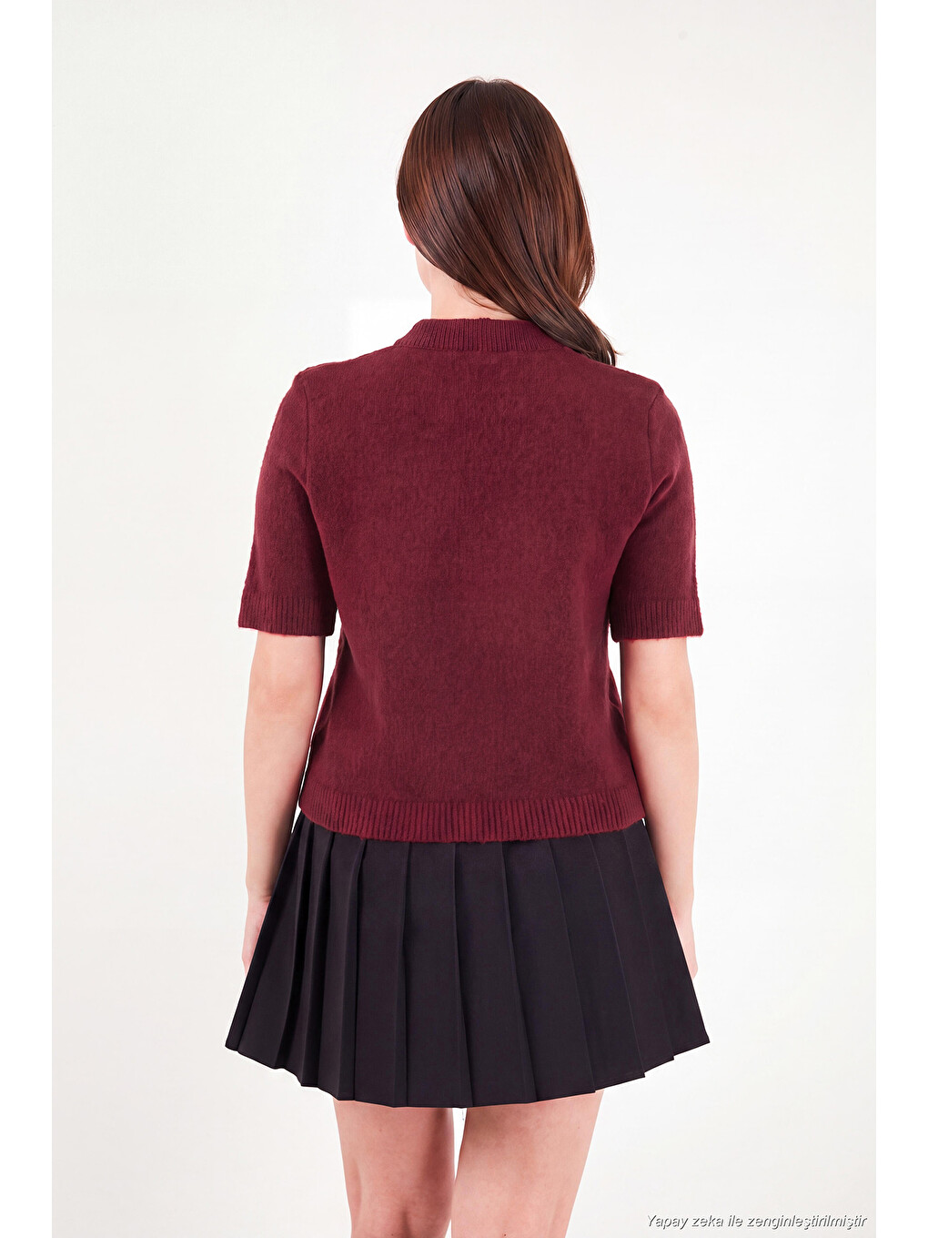 Bordo Yün Karışımlı Regular Fit Fularlı Yaka Kısa Kollu Triko Kazak 4617023-6