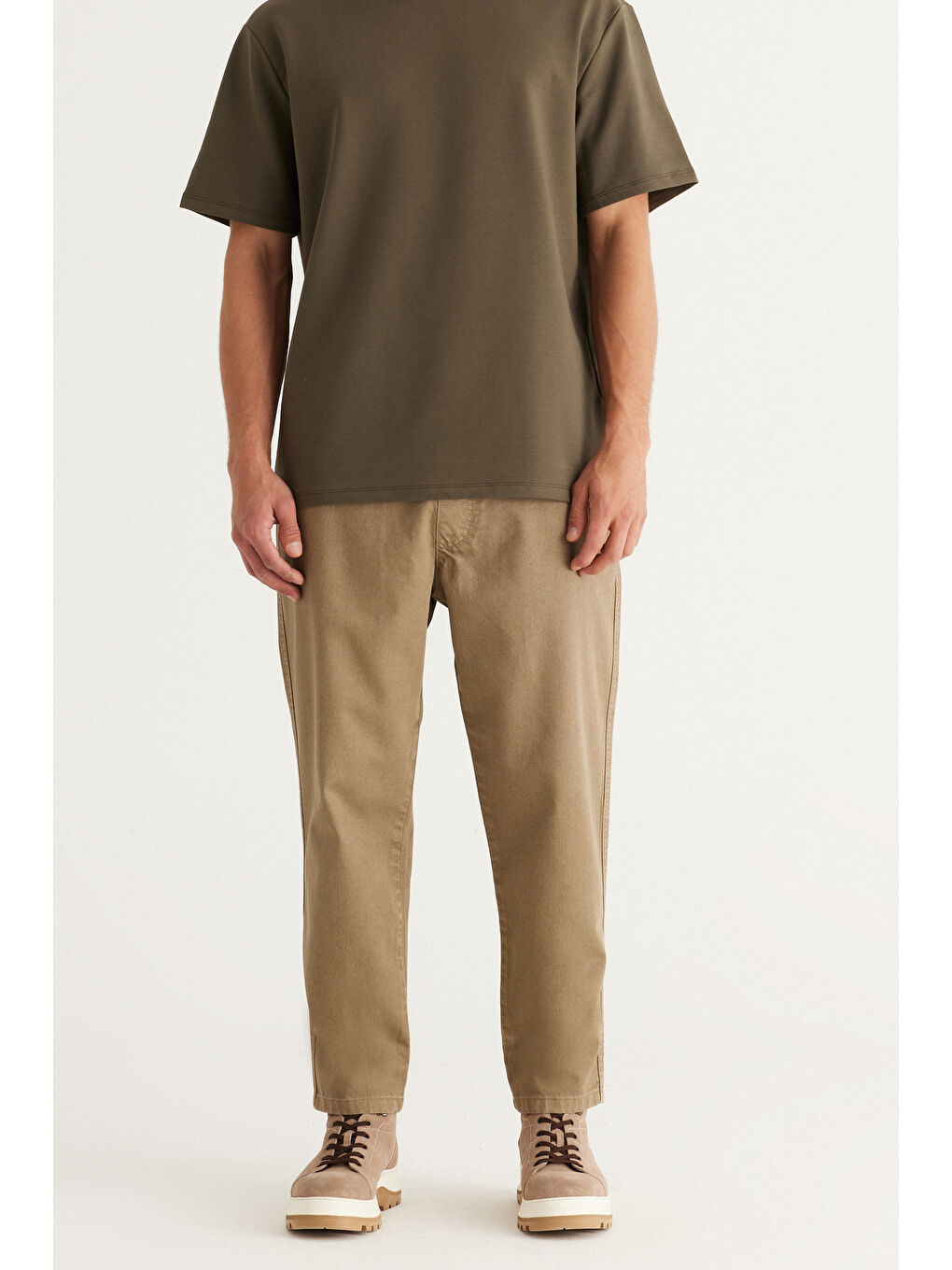 Bej Erkek Vizon Slim Fit Dar Kesim Beli Bağlamalı %100 Pamuk Pantolon-2