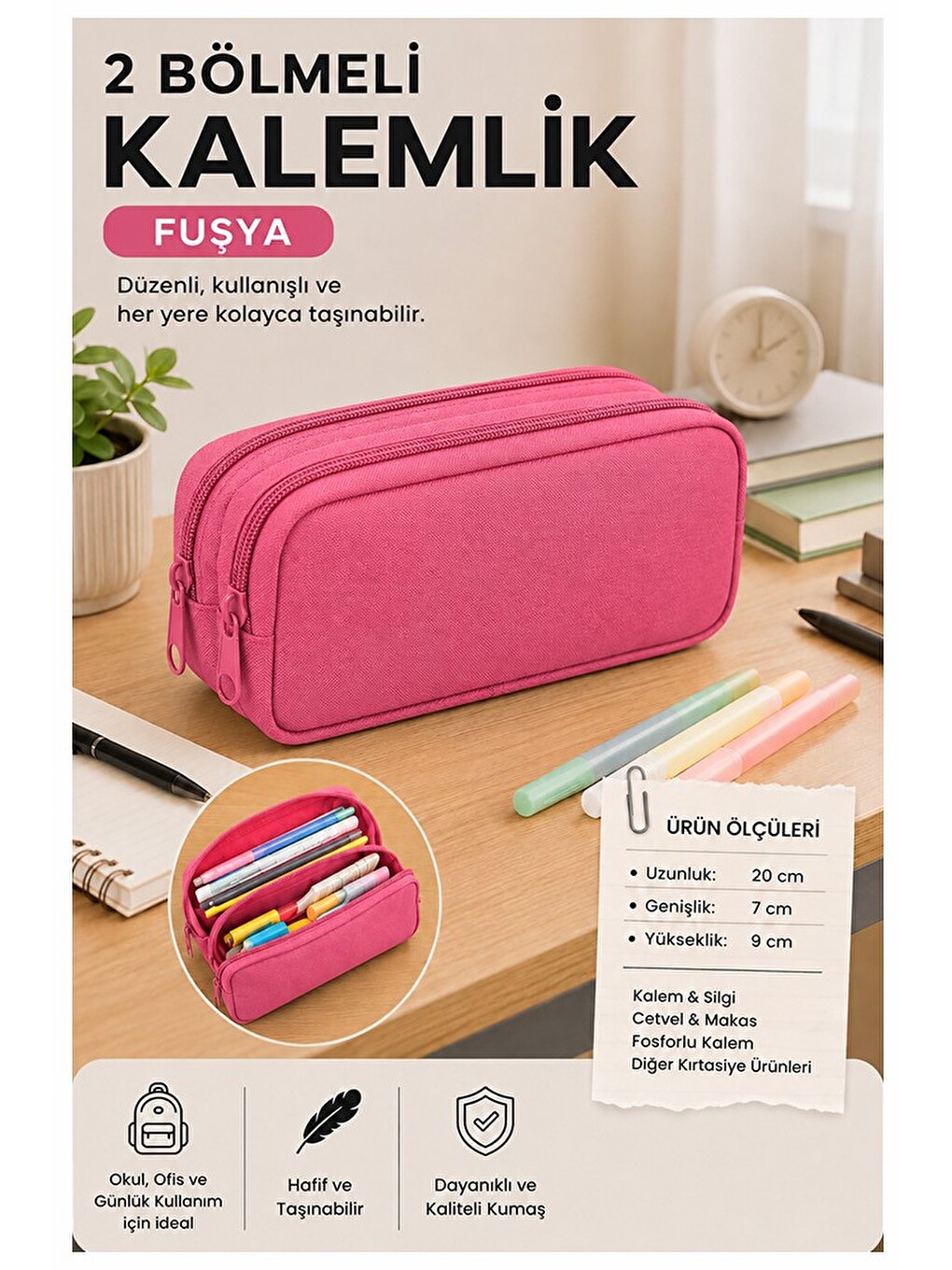 Pembe Bez Kalemlik 1 Adet Stilo Kl22 İki Bölmeli Fermuarlı Bez Kalemlik Kırtasiye Çocuk Okul Kalem M
