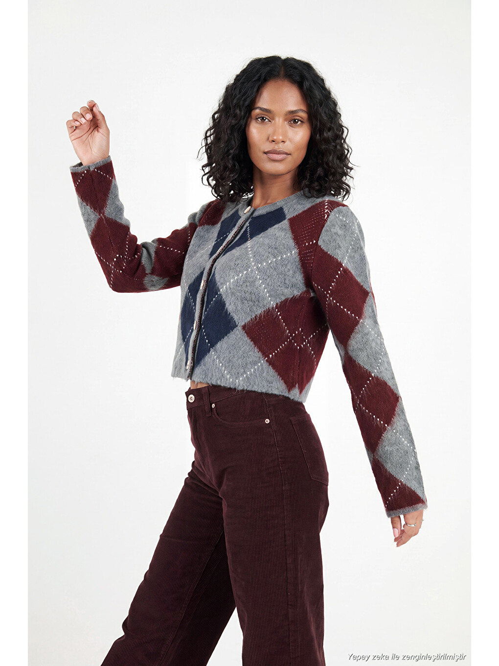 Antrasit Regular Fit Bisiklet Yaka Baklava Desenli Düğmeli Kadın Crop Hırka 4615570-2
