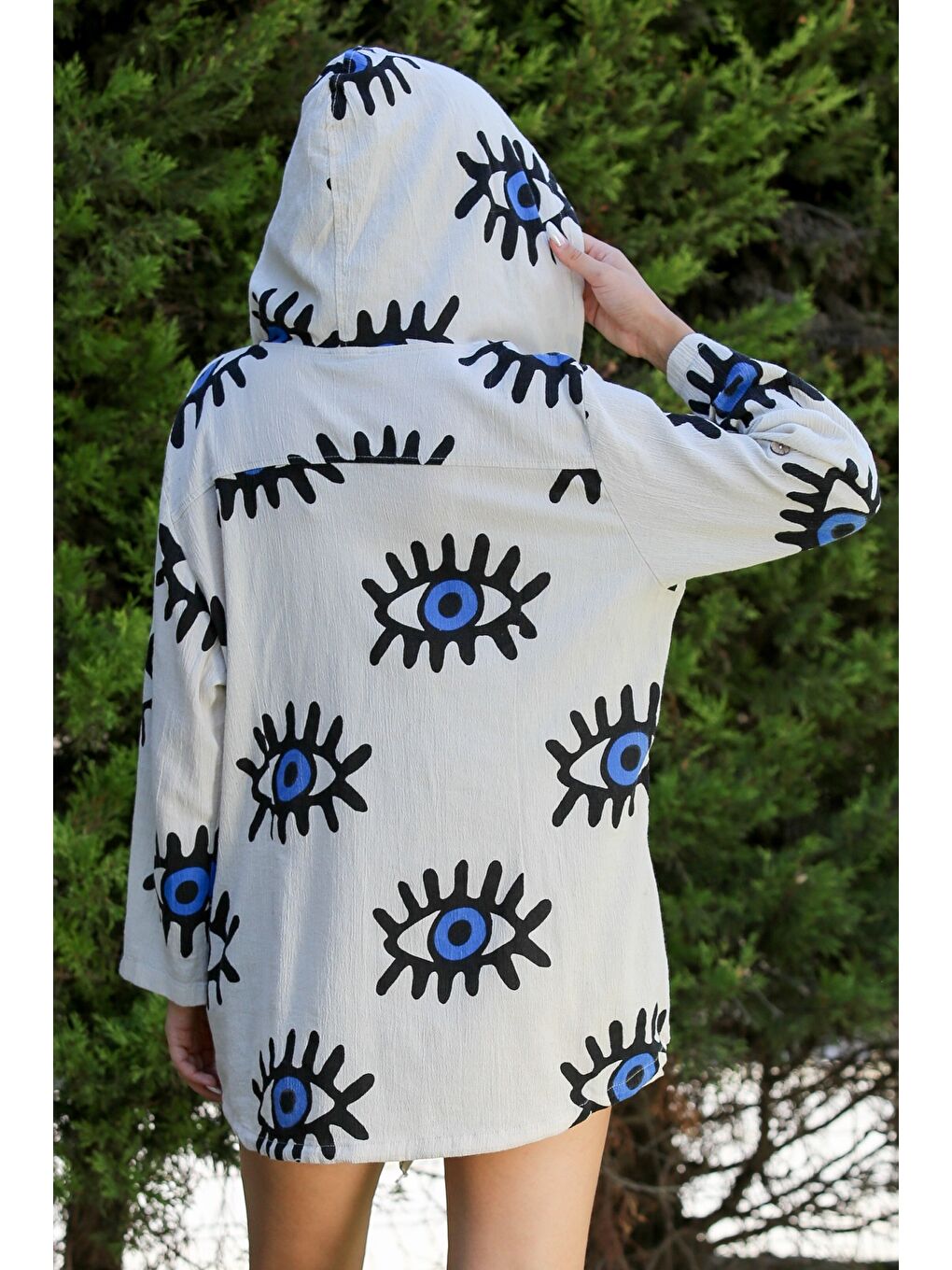 Bej Kapüşonlu Düğmeli Uzun Kollu Allover Baskılı Dokuma Casual Pamuklu Ceket-7