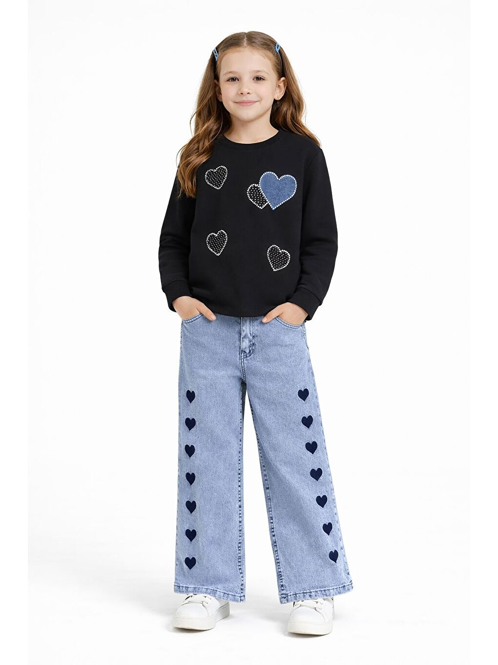 Siyah Kalp Desenli Badili Jean Pantolonlu Kız Çocuk 2li Takım 23743-1