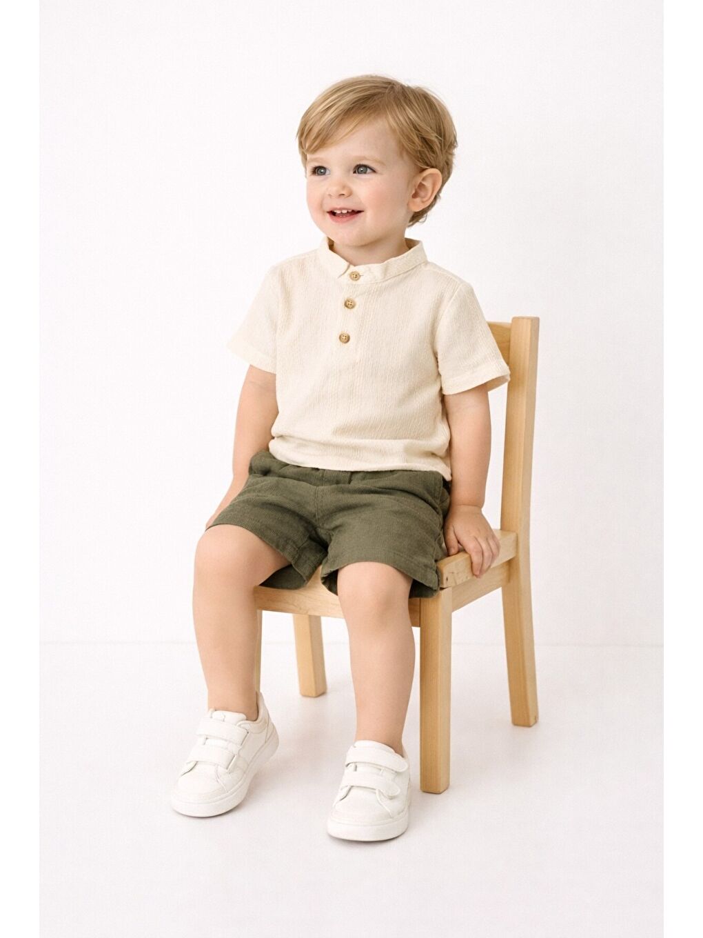 Haki Tarz Gömlek Çizgi Desenli Belden Ayarlanabilir Kısa Kollu Şortlu 2'li Takım-2