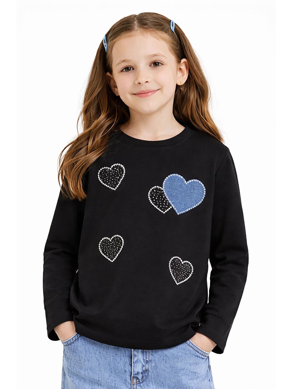 Siyah Kalp Desenli Badili Jean Pantolonlu Kız Çocuk 2li Takım 23743-2