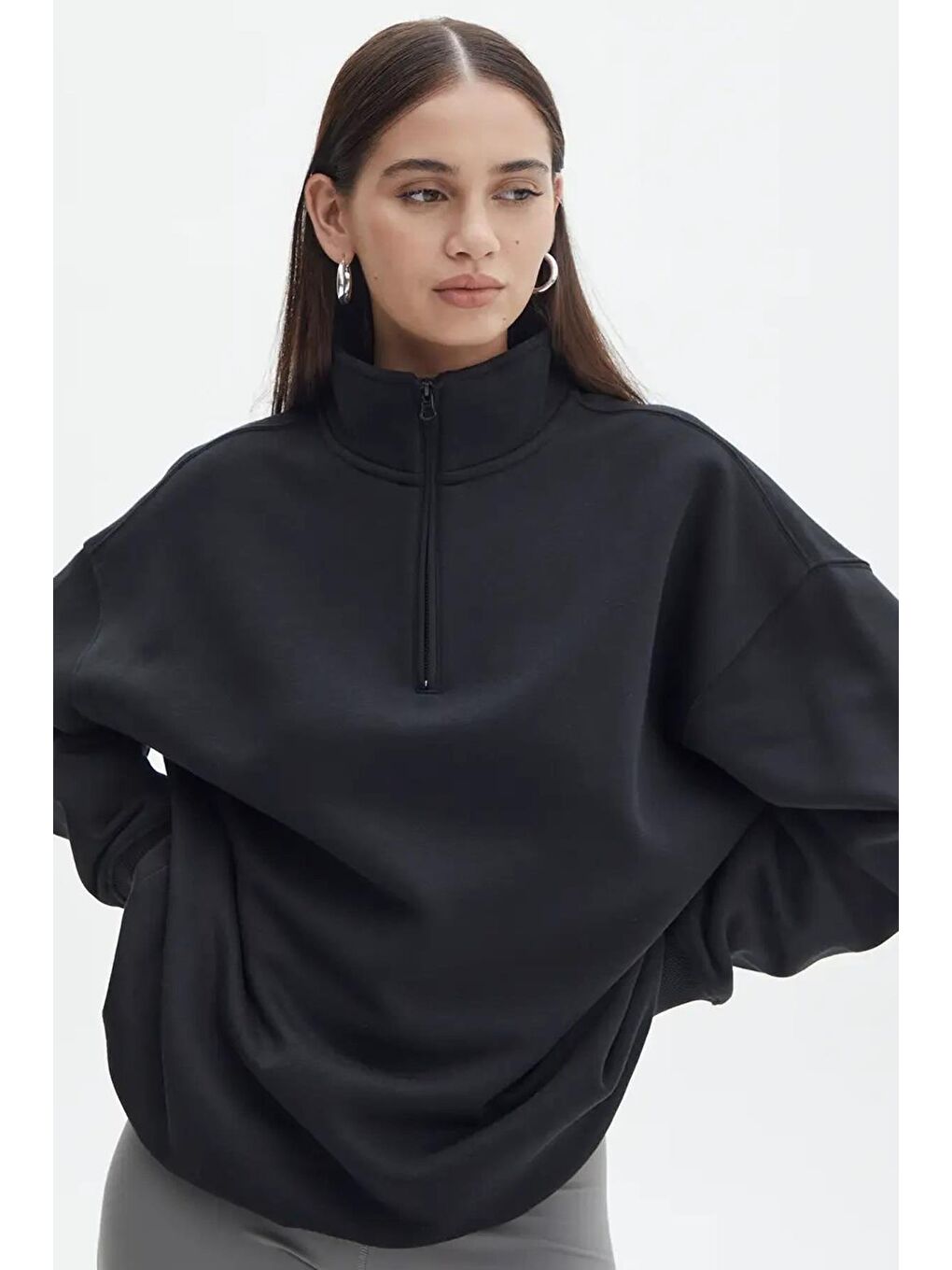 Siyah Fermuar Detaylı Oversize Sweatshirt Mg1933