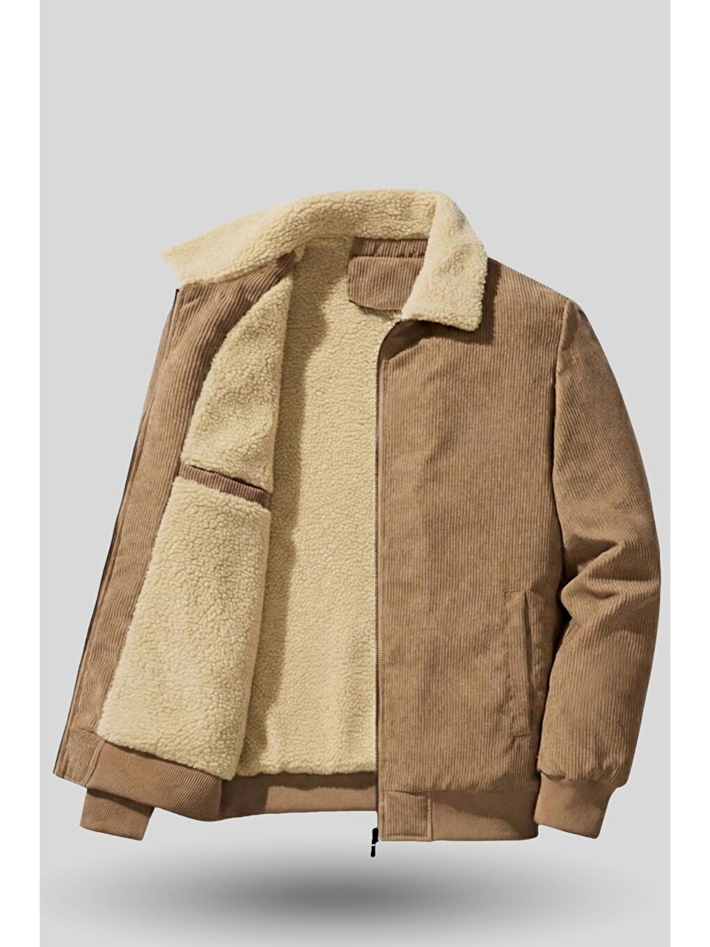 Bej Erkek Kadife Mont Pelüş Astarlı Tam Fermuarlı Gömlek Yaka Spor Mont