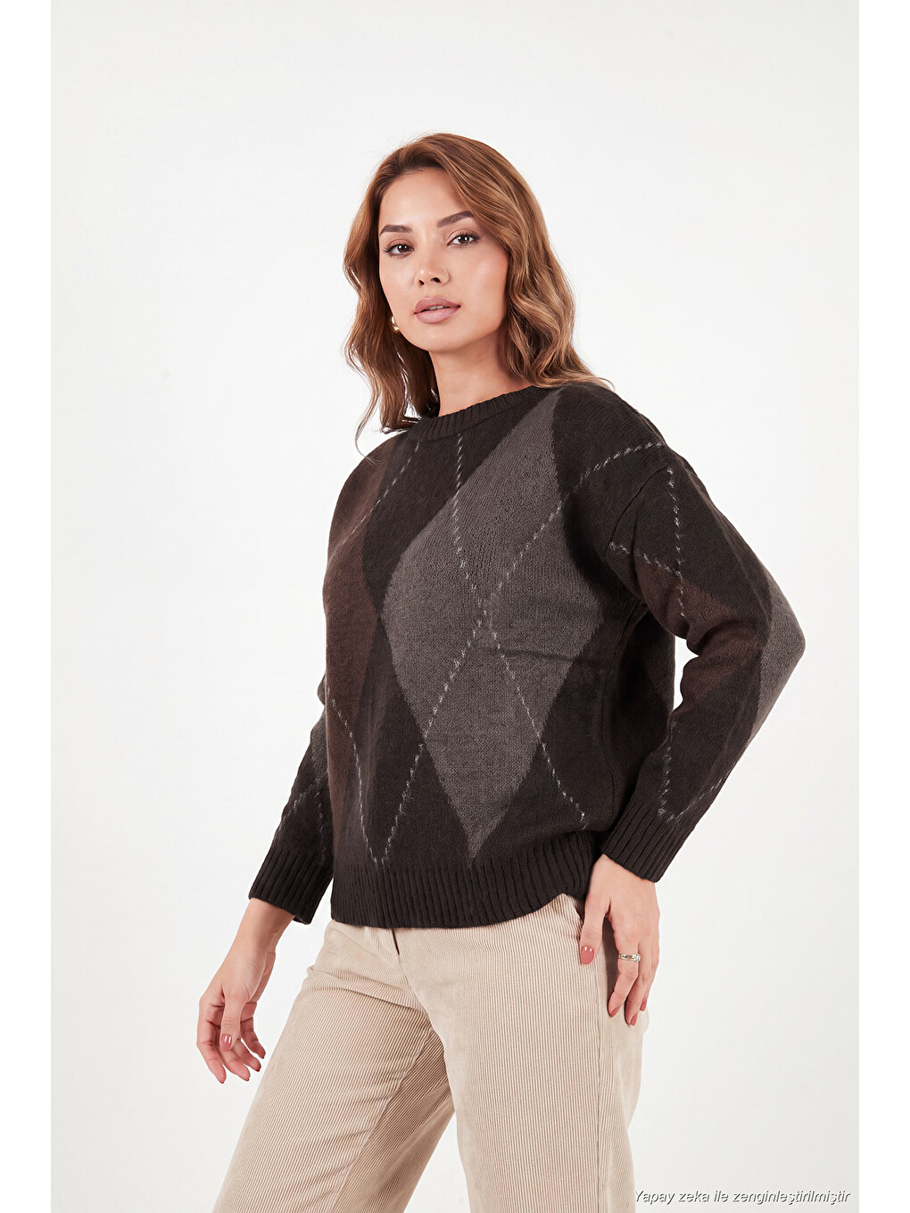 Kahverengi Oversize Fit Bisiklet Yaka Baklava Desenli Kadın Kazak 4615578-2