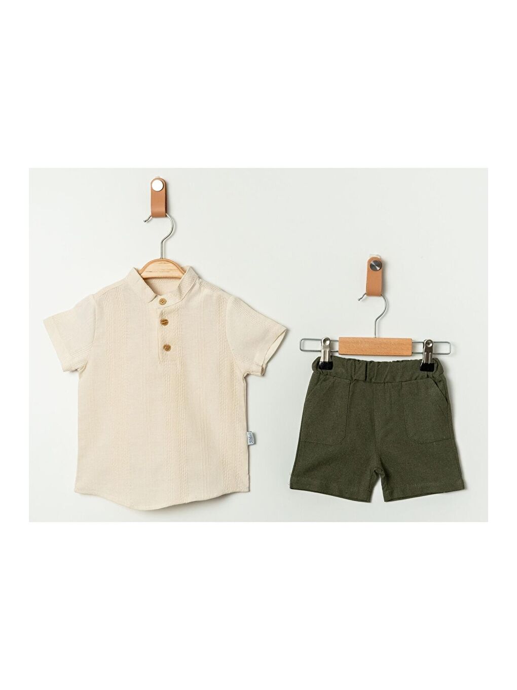 Haki Tarz Gömlek Çizgi Desenli Belden Ayarlanabilir Kısa Kollu Şortlu 2'li Takım-4
