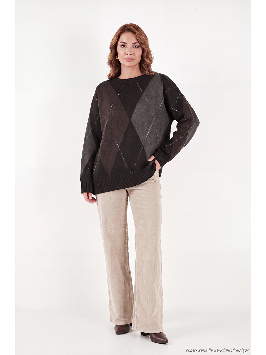 Kahverengi Oversize Fit Bisiklet Yaka Baklava Desenli Kadın Kazak 4615578-4