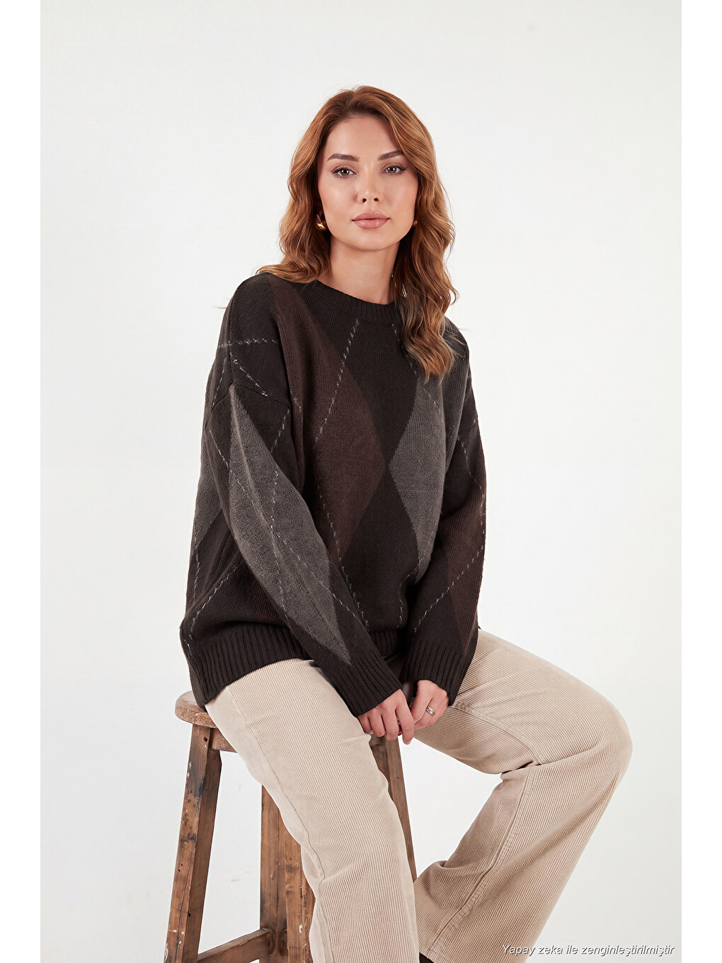 Kahverengi Oversize Fit Bisiklet Yaka Baklava Desenli Kadın Kazak 4615578-5