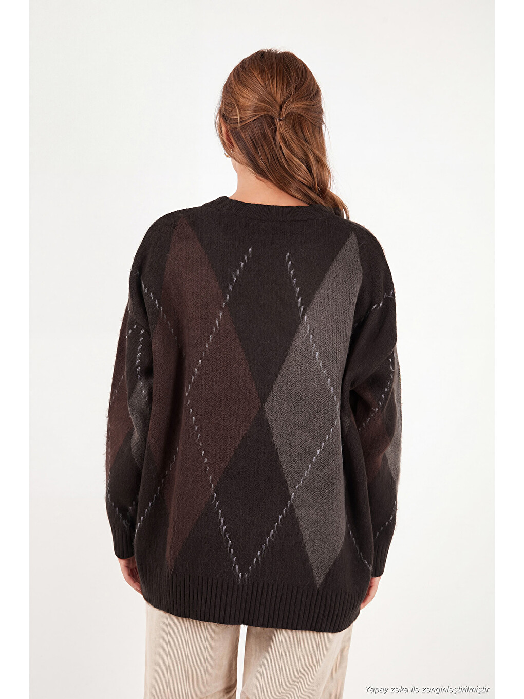 Kahverengi Oversize Fit Bisiklet Yaka Baklava Desenli Kadın Kazak 4615578-6