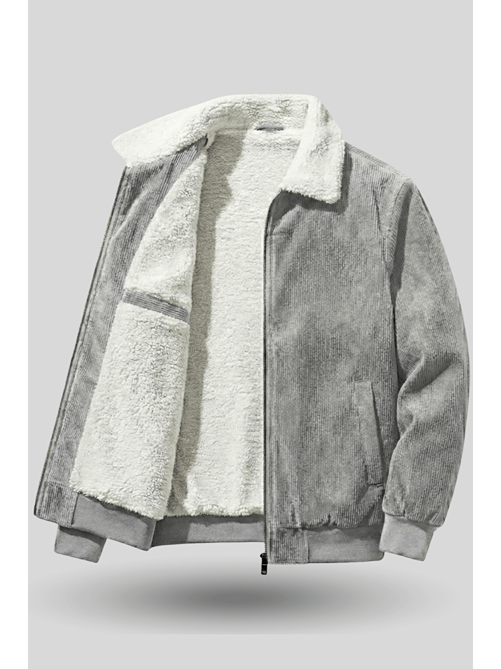 Gri Erkek Kadife Mont Pelüş Astarlı Tam Fermuarlı Gömlek Yaka Spor Mont