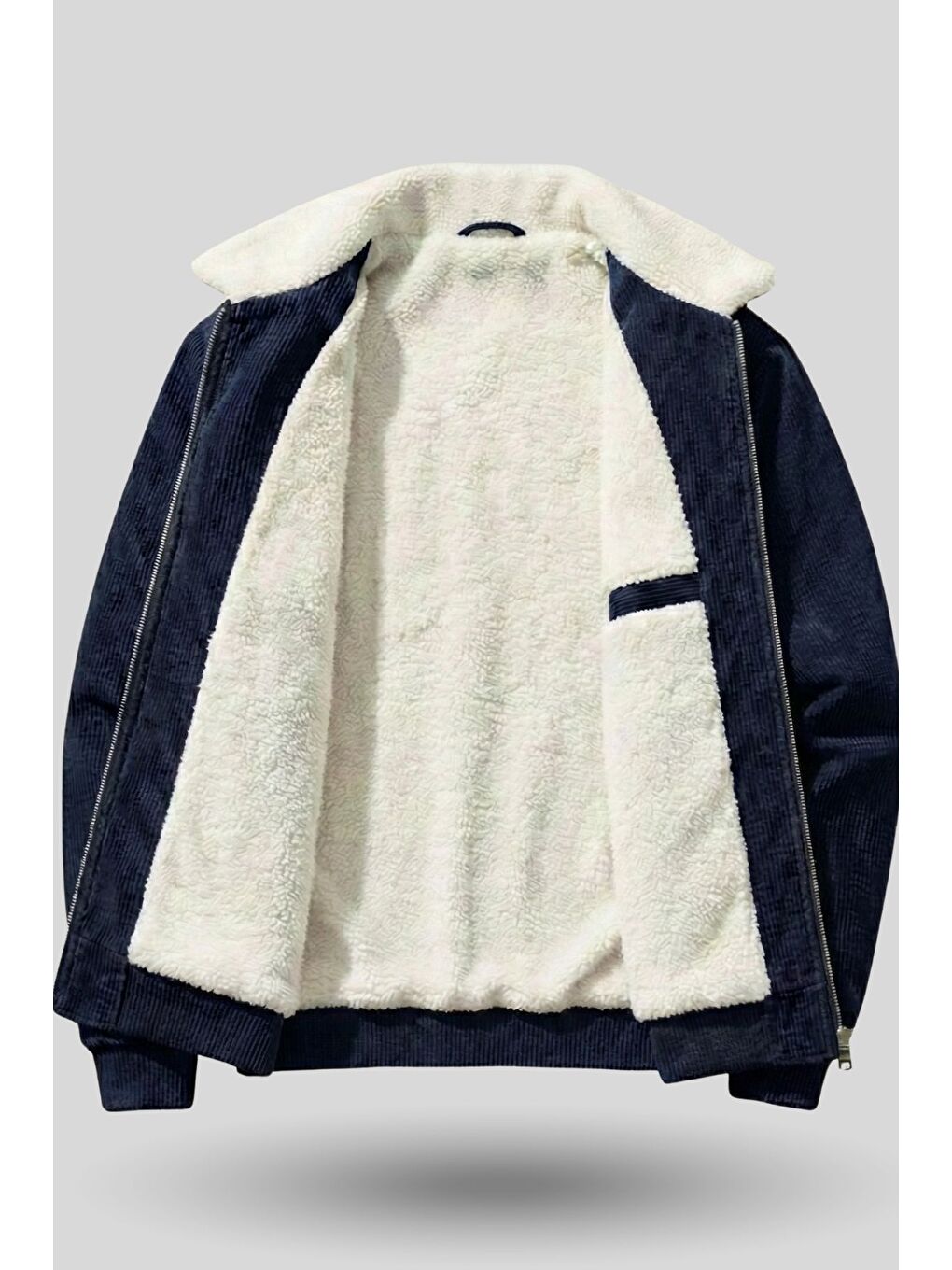 Lacivert Erkek Kadife Mont Pelüş Astarlı Tam Fermuarlı Gömlek Yaka Spor Mont-1