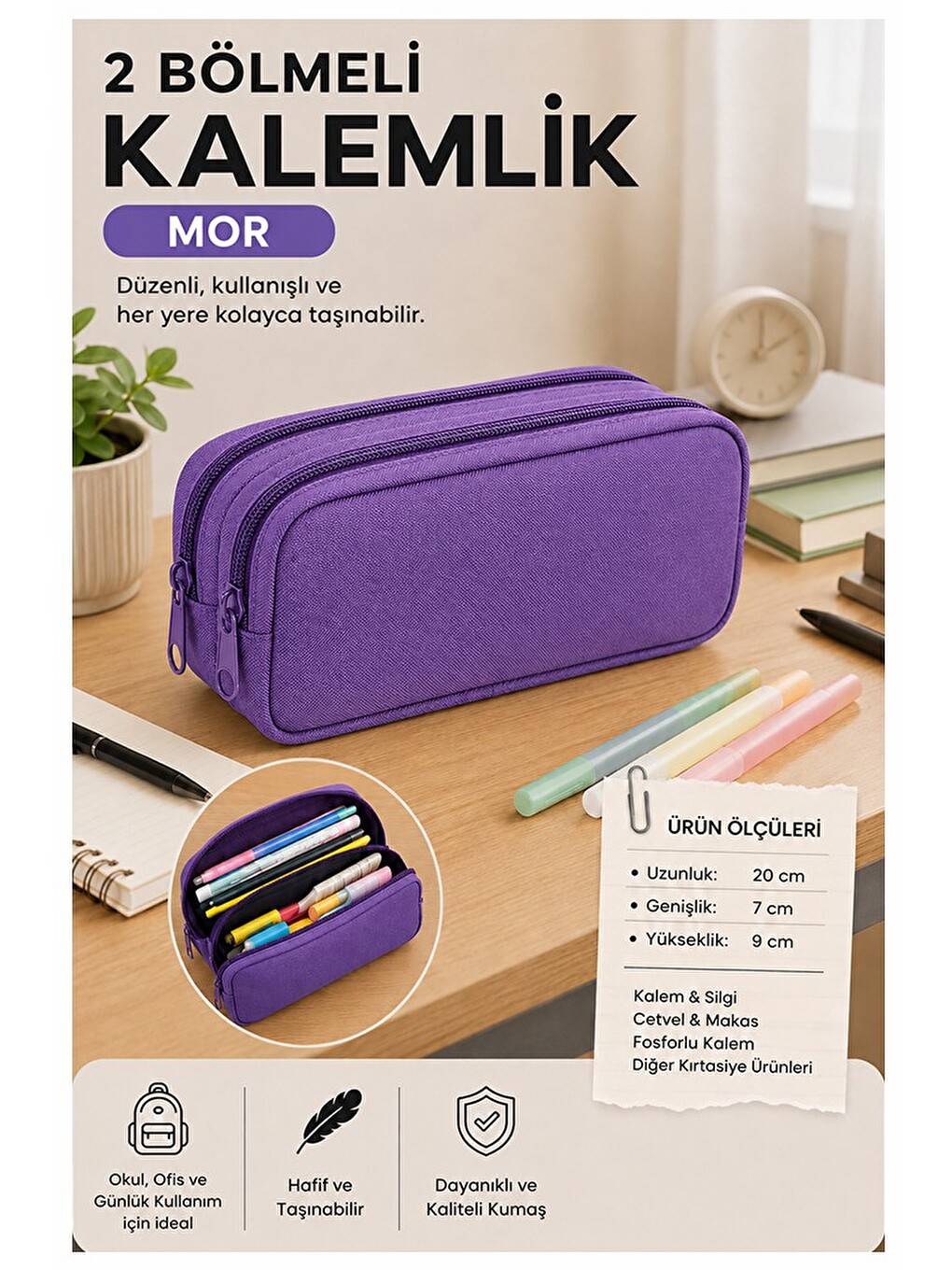 Mor Bez Kalemlik 1 Adet Stilo Kl22 İki Bölmeli Fermuarlı Bez Kalemlik Kırtasiye Çocuk Okul Kalem Mak