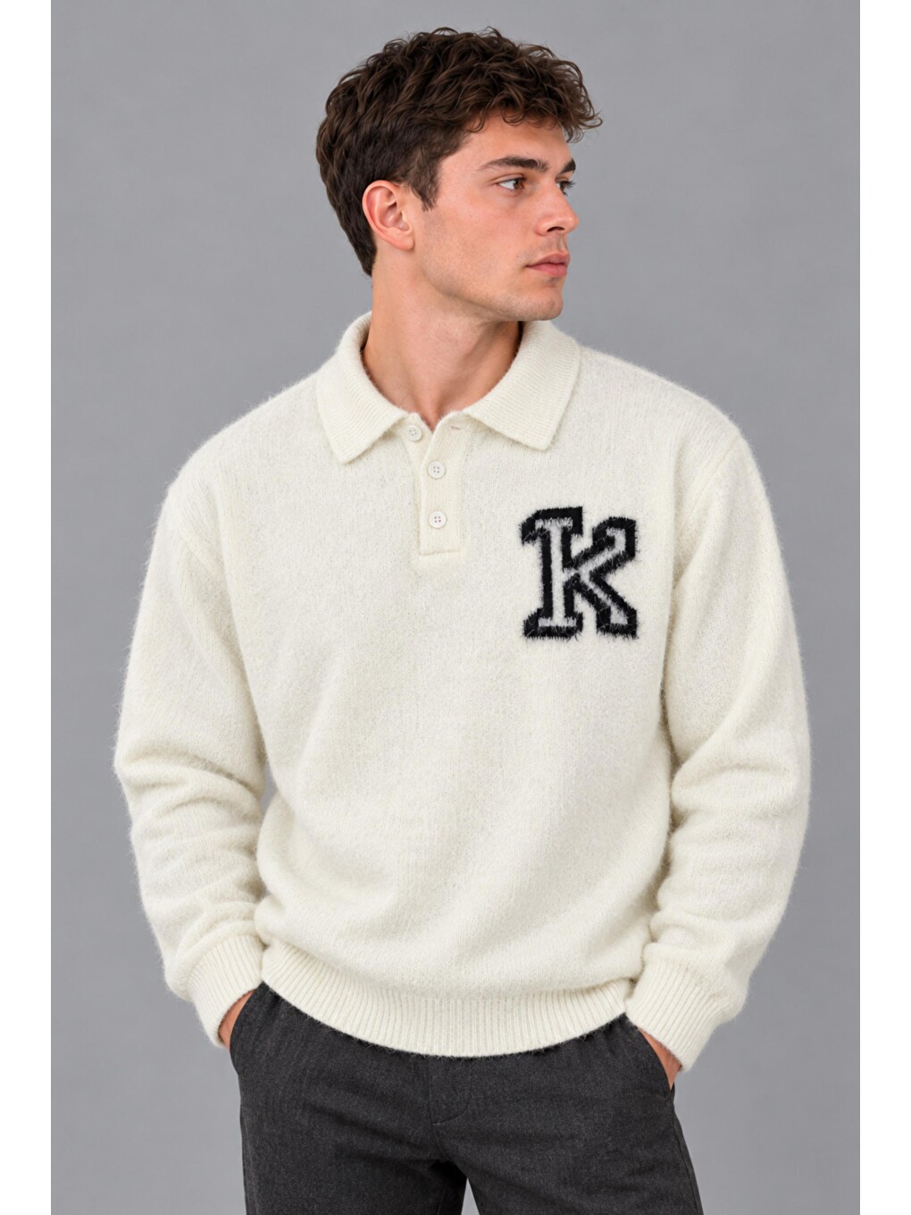 Beyaz Baskılı Düğmeli Oversize Kışlık Kazak Dp 16622_10068
