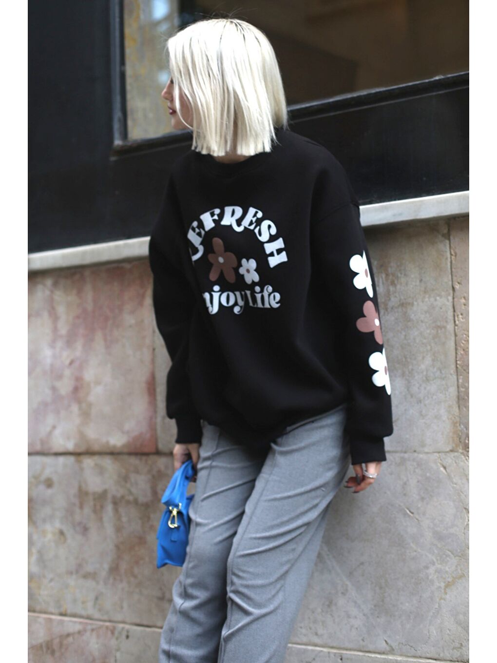 Siyah Bisiklet Yaka Baskılı Sweatshirt Mg1572-5