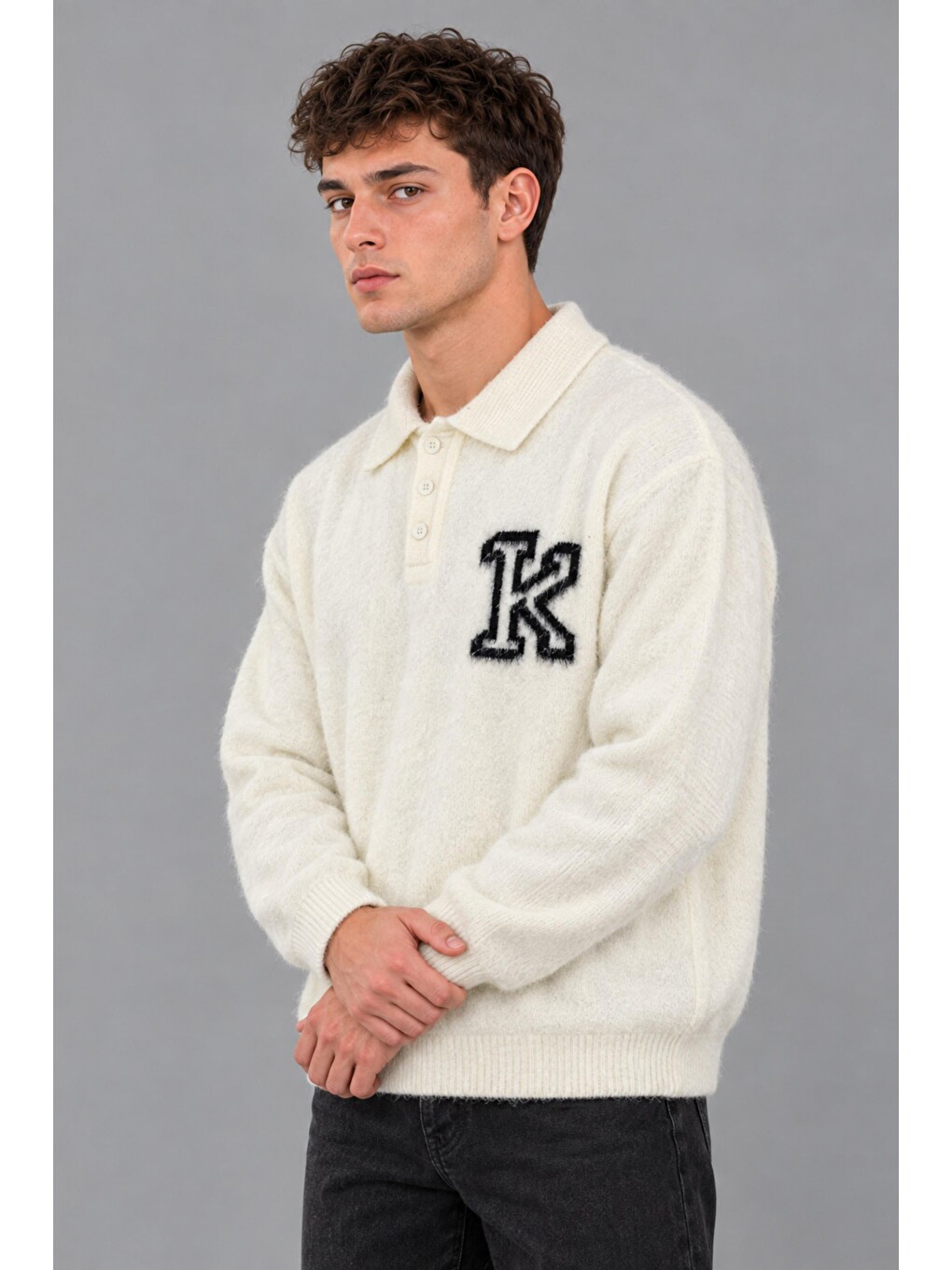 Beyaz Baskılı Düğmeli Oversize Kışlık Kazak Dp 16622_10068-2