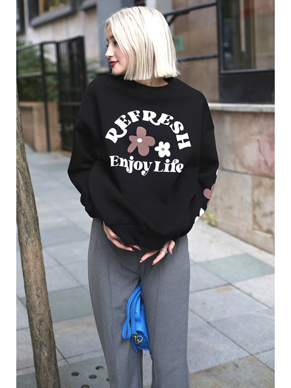 Siyah Bisiklet Yaka Baskılı Sweatshirt Mg1572-6