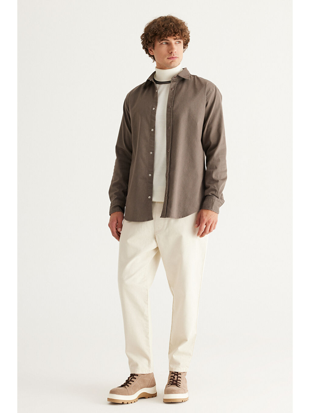 Erkek Ekru Slim Fit Dar Kesim Beli Bağlamalı %100 Pamuk Pantolon-1