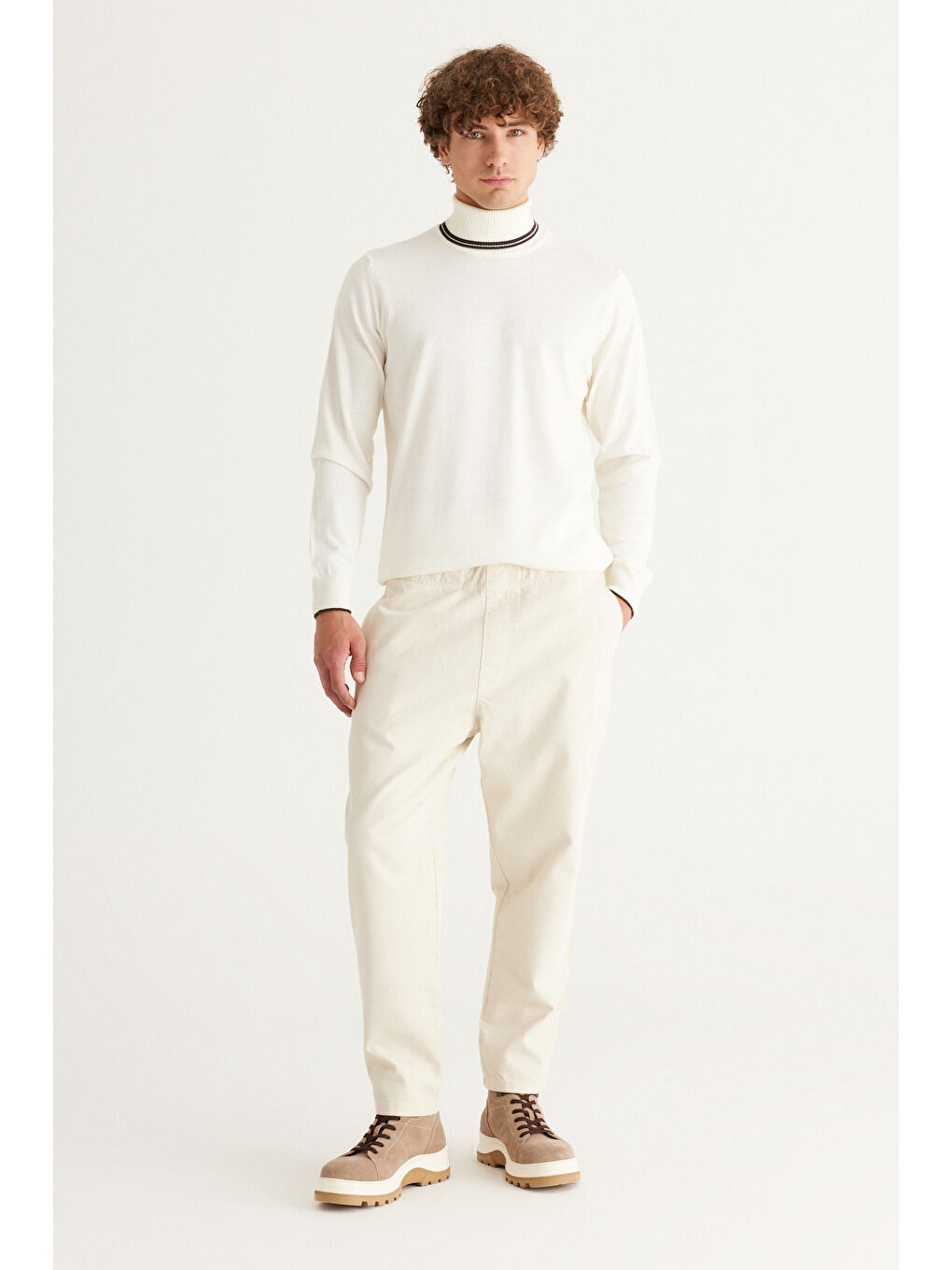 Erkek Ekru Slim Fit Dar Kesim Beli Bağlamalı %100 Pamuk Pantolon-2